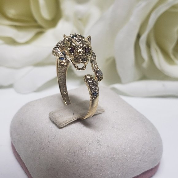 14K SOLID GOLD SAPPHIRE AND RUBY EYES PANTHER RING - Picture 1 of 11